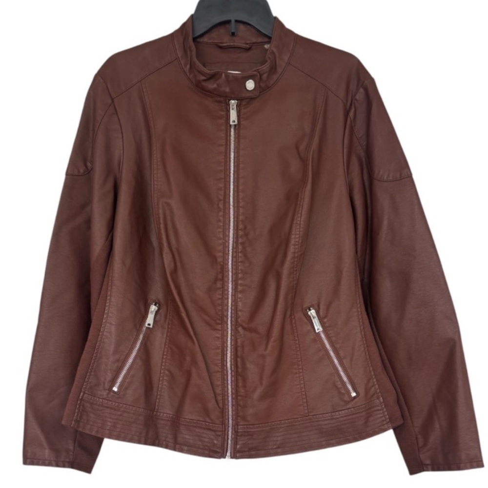 Calvin Klein Brown Leather Jacket Bomber Moto Bikercore Dress Coat Plus Size 1X - Picture 8 of 16